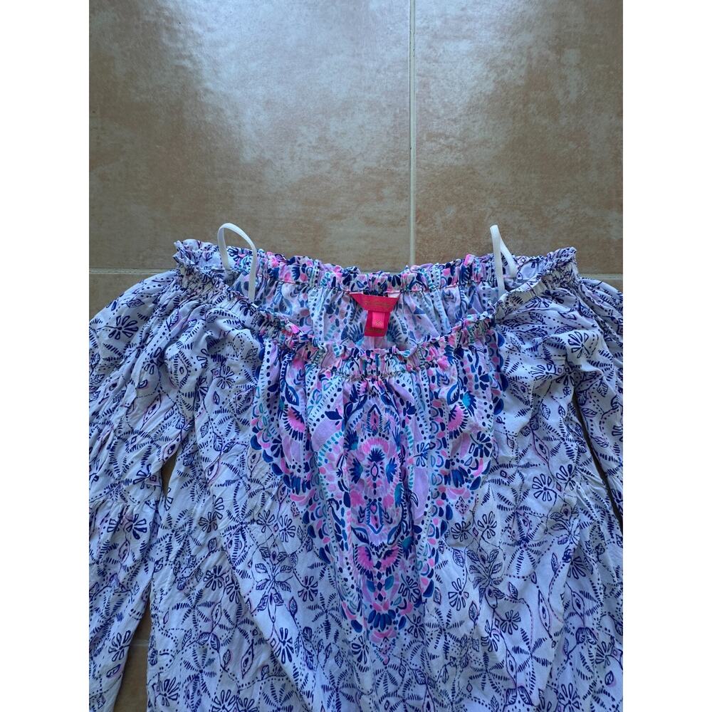 Lilly Pulitzer Nevie Off-the-Shoulder Top Women's XS Blue White Bell Sleeve - Picture 3 of 8